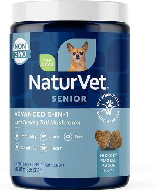 NaturVet Senior Advanced 5-in-1 Support Dog Supplement – Helps Support Immune System, Heart, Liver, Cognitive Function, Eye Health – Includes Ginkgo Biloba, Lutein – 120 Ct.