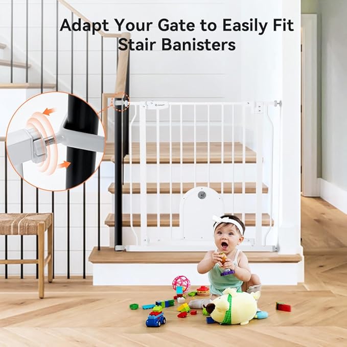 COMOMY 29.5-33.4" Baby Gate with Adjustable Cat Door,Extra Wide Metal Cat Gate for Stairs Doorways, Auto Close Dog Gate with Pet Door for House, Pressure Mounted Easy Walk Through (30" Tall, White)