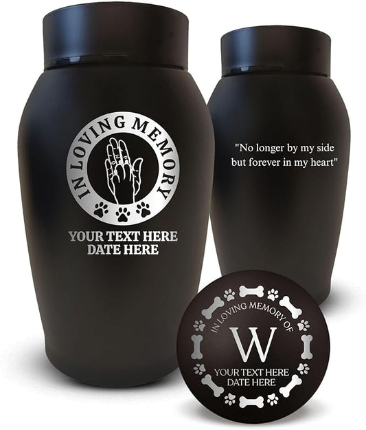 Personalized Custom Small Keepsake Urn Engraved with Pet Name, Date, and Dog Design - 5.2" Black Powder Coated Steel Cremation Urn for Dogs Ashes |Hand and Paw - High Five, Black