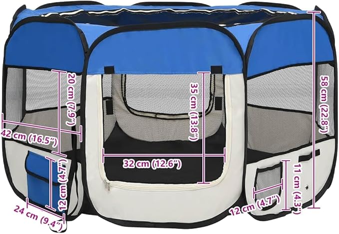 vidaXL Foldable Dog Playpen in Blue-Cream - Portable Design with Carrying Bag, Zipper & Side Pockets - Ideal for Training, Sleep and Play - Polyester & Steel Construction