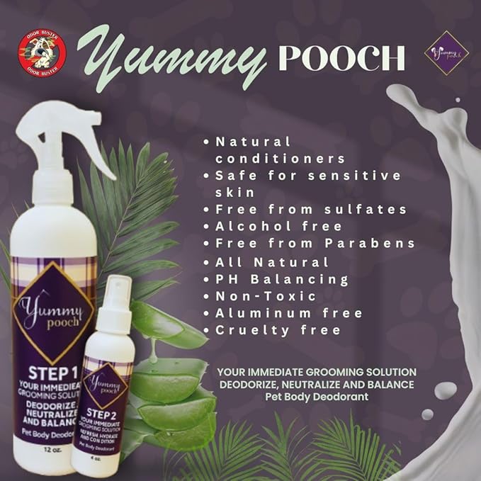 Yummy Pooch Dog Deodorant Hypoallergenic (No Scent) - All-Natural 2-Step Odor Control & Coat Hydration - Includes Bandana & Travel Bag - Made in The USA - 8 oz and 4oz