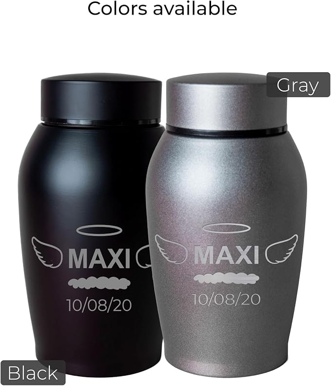 Personalized Cremation Keepsake Pet Ashes Urn Waterproof with Airtight Closure Customized Text Engraving Vase Container Memorial Dog Cat Funeral Decorative (Name w/Angel Wings & Halo)