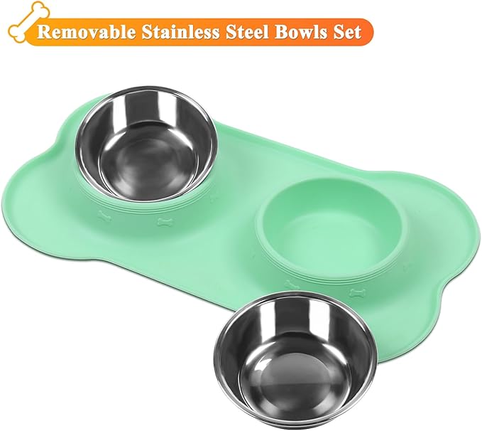 VIVAGLORY Dog Bowl Splashfree Pet Bowl, Dog Dish with Silicone Mat Placemat for Messy Eater, Double Stainless Steel Food Water Feeding Set Dishwasher Safe Spill Proof for Pet, S, Mint Green