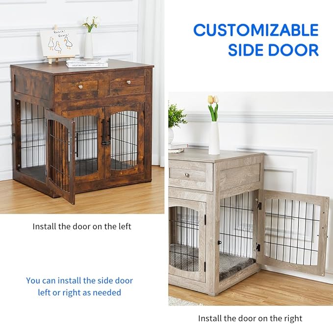 Dog Crate Furniture with Double Drawers, Wooden End Table Dog Kennel, Furniture Style Wood House Crate for Small/Medium/Large Dogs, Decorative Dog Crate with Storage for Large Breed, 32 Inch,Gray
