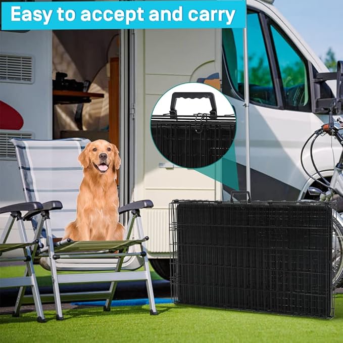 42/48 Inch Dog Crate Extra Large Double-Door Dog Kennel with Plastic Tray & Divider, Indoor Outdoor Folding XL XXL Dog Cage Pet House