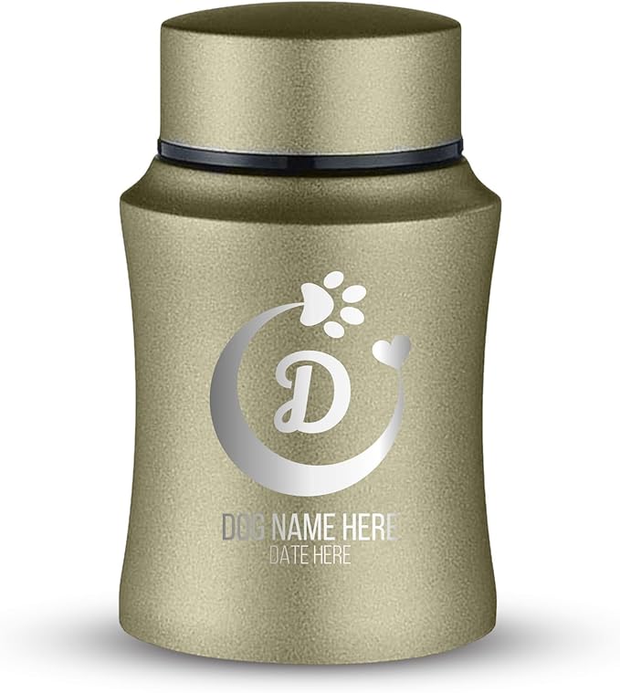Customized Small Keepsake Urn Personalized Engraved with Pet Name, Date, and Text - 4" Powder Coated Cremation Mini Compact Urn for Dogs Ashes | 5–10 Lbs Capacity | Washed Gold, Crescent Paw and Heart