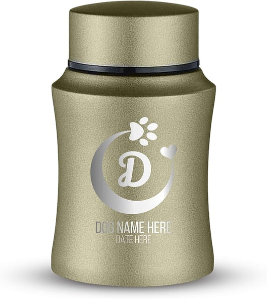 Customized Small Keepsake Urn Personalized Engraved with Pet Name, Date, and Text - 4" Powder Coated Cremation Mini Compact Urn for Dogs Ashes | 5–10 Lbs Capacity | Washed Gold, Crescent Paw and Heart
