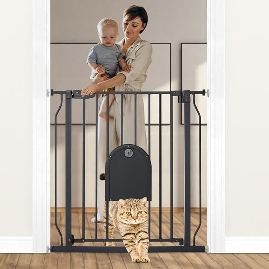 COMOMY 29.5-33.4" Baby Gate with Adjustable Cat Door,Extra Wide Metal Cat Gate for Stairs Doorways, Auto Close Dog Gate with Pet Door for House, Pressure Mounted Easy Walk Through (30" Tall, Black)