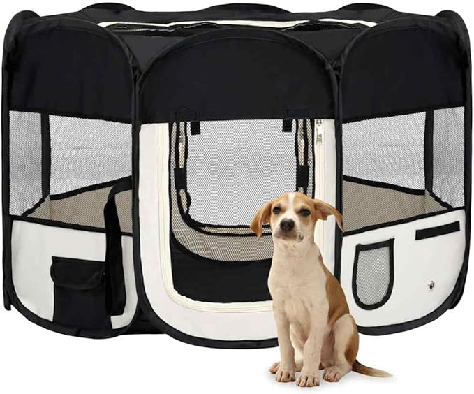 vidaXL Dog Playpen Black and Cream Polyester and Steel Medium Foldable