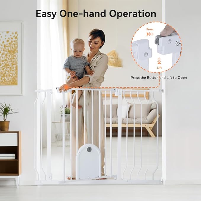 COMOMY 29.5-43.7" Baby Gate with Adjustable Cat Door,Extra Wide Metal Cat Gate for Stairs Doorways, Auto Close Dog Gate with Pet Door for House, Pressure Mounted Easy Walk Through (30" Tall, White)