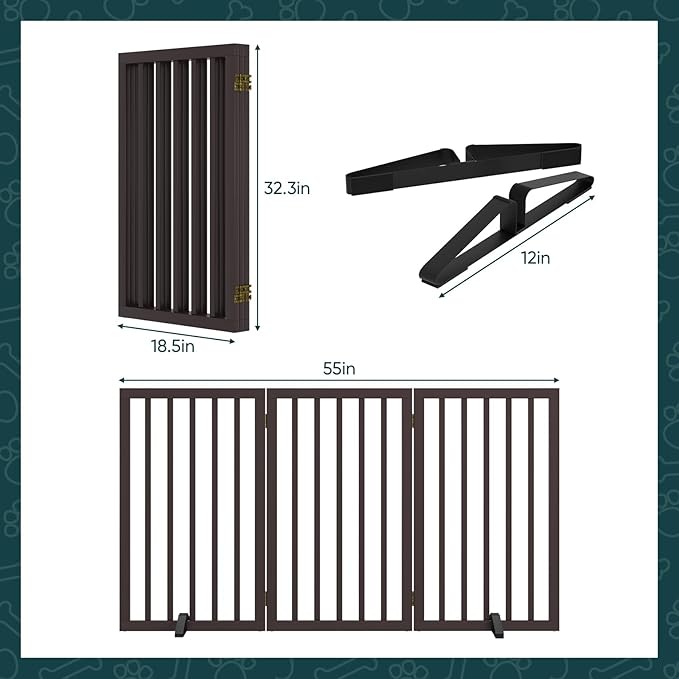 Semiocthome Freestanding Dog Gate 32" Tall, 3-Panel Foldable Dog Gates for Doorways Stairs House, Pet Gate Indoor with 2 Metal Stands, Espresso