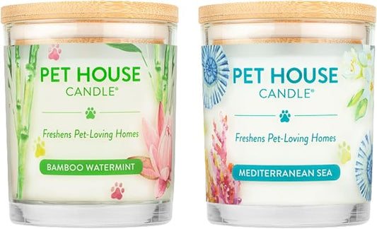 Pet House Candles, Clean Burning, Long Lasting Scented Pet Odor Candles for Home - Bamboo Watermint, Med Sea, 2 Pack