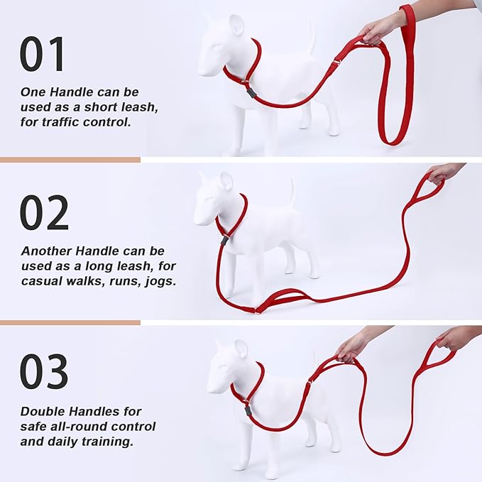 Slip Lead Dog Leash, Double Handle, Soft Leather, Heavy Duty Nylon, No Pull Walking, 5ft Red