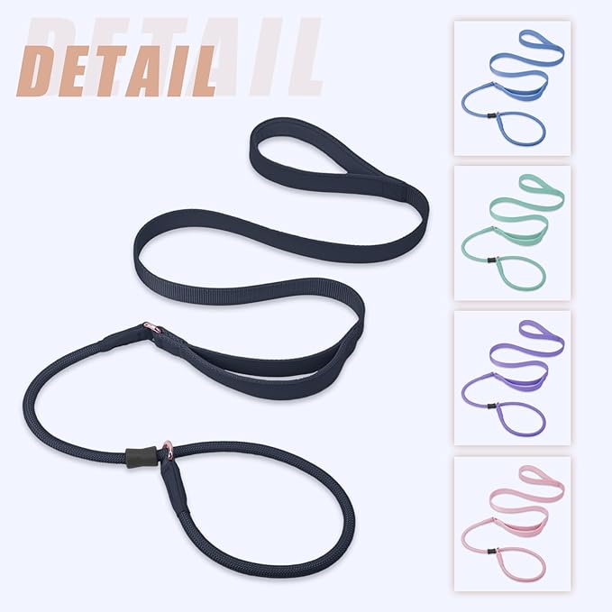 Slip Lead Dog Leash, Soft Leather Dog Training Leash with Double Handle, Heavy Duty Nylon Dog Lead Slip Lead and Collar, No Pull Walk for Medium Large Small Dogs 6ft Black