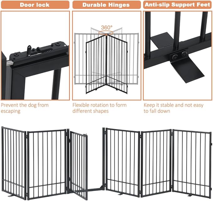 SMONTER Free Standing Dog Gate with Door Walk Through, 120'' Extra Wide Indoor Dog Fence, 31.5'' Height 6 Panels Foldable Metal Pet Puppy Gate for Stairs, Hallways, Doorway