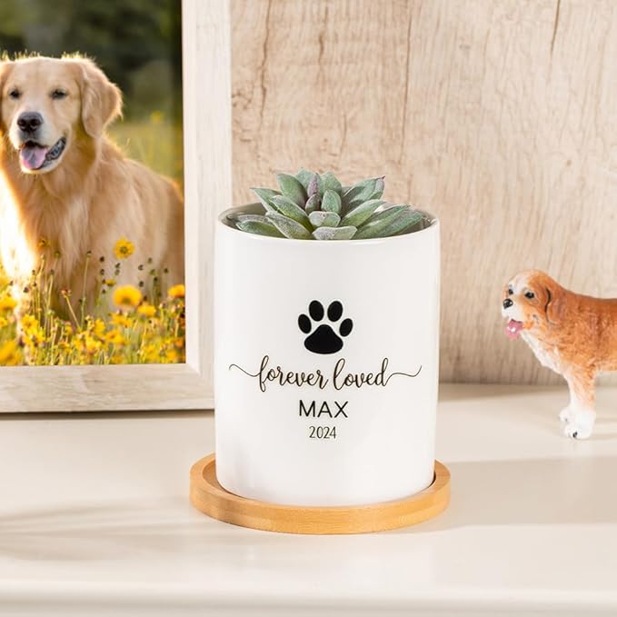 callie Custom Dog Memorial Gifts Plant Pot, Personalized Sympathy Gifts for Dog Cat Loss, Pet Passing Away Planter Pot with Bamboo Tray