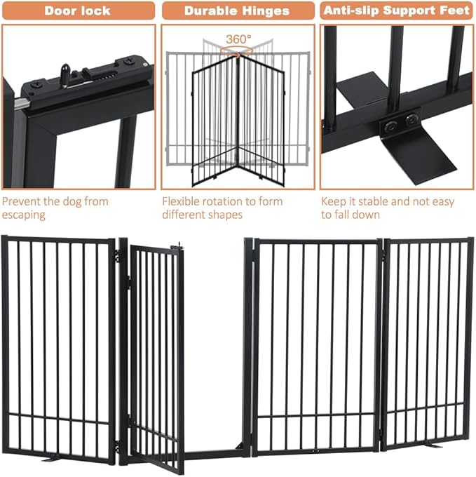 SMONTER Free Standing Dog Gate with Door Walk Through, 80.5'' Extra Wide Indoor Dog Fence, 31.5'' Height 4 Panels Foldable Metal Pet Puppy Gate for Stairs, Hallways, Doorway