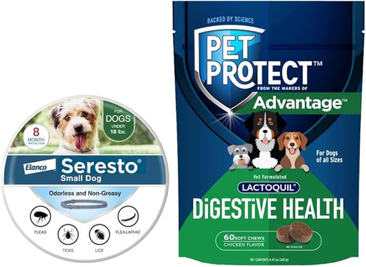 Bundle of Seresto Small Dog Collar for Dogs Under 18 lbs. + Pet Protect Dog Digestive Health Supplement 60 Chews