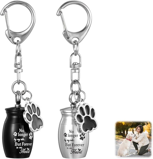 2 Pcs Pet Urns Keychain for Dogs Cats Small Urns for Ashes Keepsake Jewelry Paw Print Memorial Urn Dog Paw Charm Ashes Holder with 2 Storage Bags for Cats Cylinder Cremation Pet Cinder Black Silver