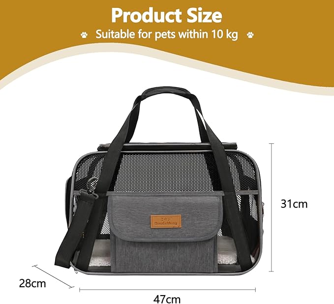 Pet Carrier, Airline Approved Small Dog Cat Carrier, Collapsible Travel Dog Bag, Dog Soft-Sided Carriers with Secure Zippers and Anti-Scratch Mesh(Dark Grey)