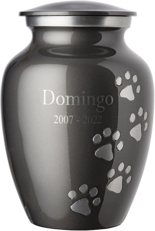 Ottillie Paws Premier Series Pet Urn for Dogs and Cats with Personalized Laser Engraving (Small - Pets up to 25 lbs, Slate with Vertical Pewter Paws)