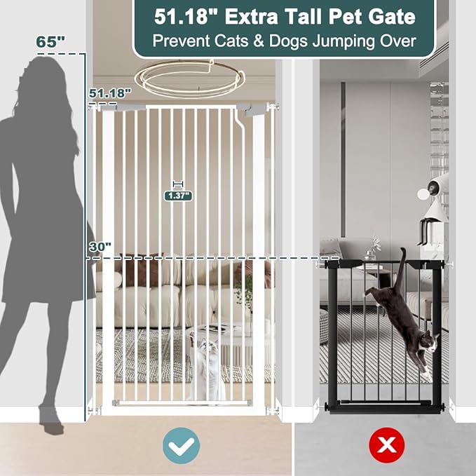 51.18" Tall Extra Tall Pet Gate Dog Door, Auto Close Safety Gates for Kitchen Living Room Doorways Hallway,Indoor Pet Gates for Dogs or Cats(Black) (White, 48.5-56.3")