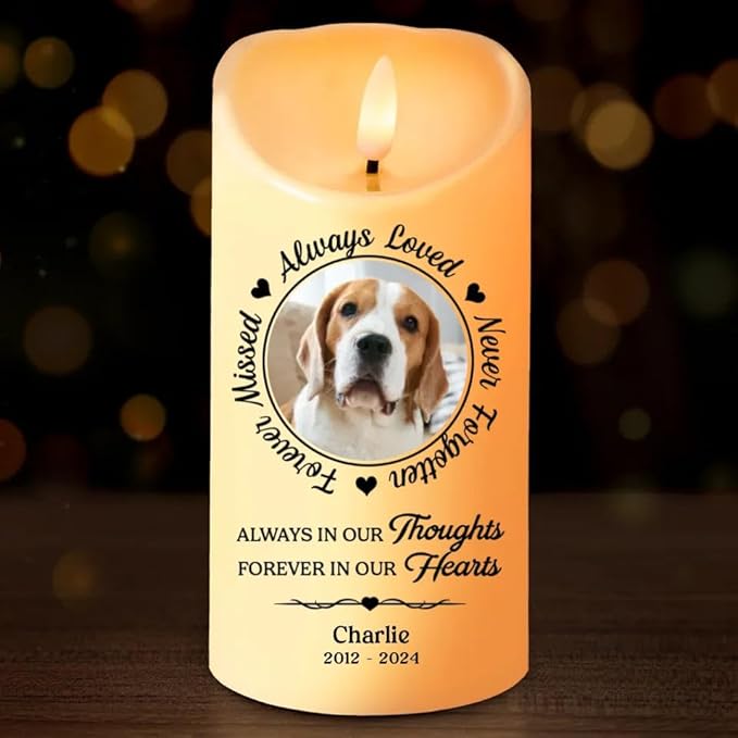Custom Photo Always in Our Thoughts Forever in Our Hearts Dog Memorial Led Candle Gifts for Dog Mom Dad Pet Owners Christmas Birthday Pet Memorial Sympathy Remembrance Led Candle Decor Gifts