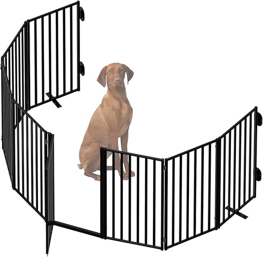 Metal Dog Gate with Door Free Standing for Indoor Use, Freestanding Pet Fence for Stairs and Yard, 32" Tall 8 Panels Black