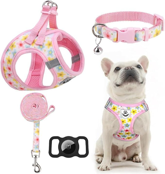 EXPAWLORER Small Dog Harness and Leash Set - Cute Puppy Harness Leash Dog Collar with AirTag Holder Silicone Case, Soft Padded Step in Pet Vest Reflective for Outdoor Walking, Floral XXS