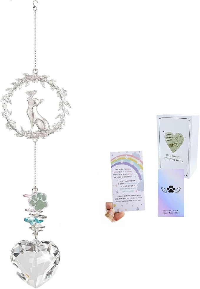 Pet Memorial Suncatcher for Loss of Dog/Cat - Rainbow Prism Sympathy Gift, Crystal Rainbow Maker with Engraved Paw Print, Sympathy Gift for Loss of Pet, Garden & Window Hanging Keepsake