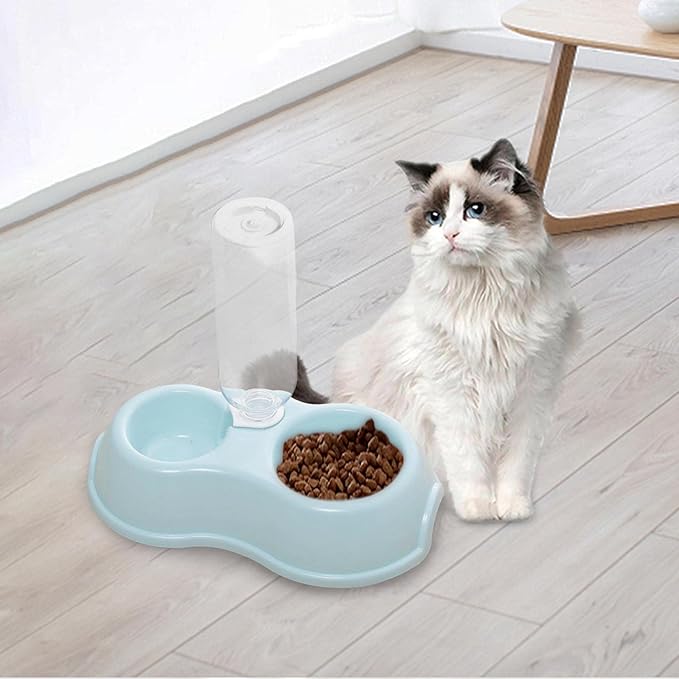 Fenteer 2 in 1 Double Cats Dogs Bowls Automatic Waterer Bottle Drinker Dish Feeder Pets Water and Food Bowl Set for Watering Rabbit Kitty Kitten, Blue
