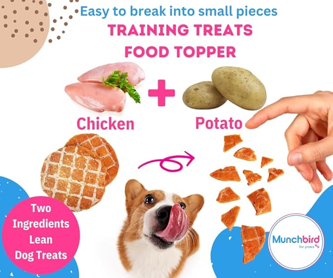 Munchbird Chicken Waffle Chips Dehydrated Lean Treats for Dogs (3.5 OZ, Crunchy Chicken Chips), Great for picky Eaters, Easy to Break up into Smaller Pieces as Food Topper or Training Treats