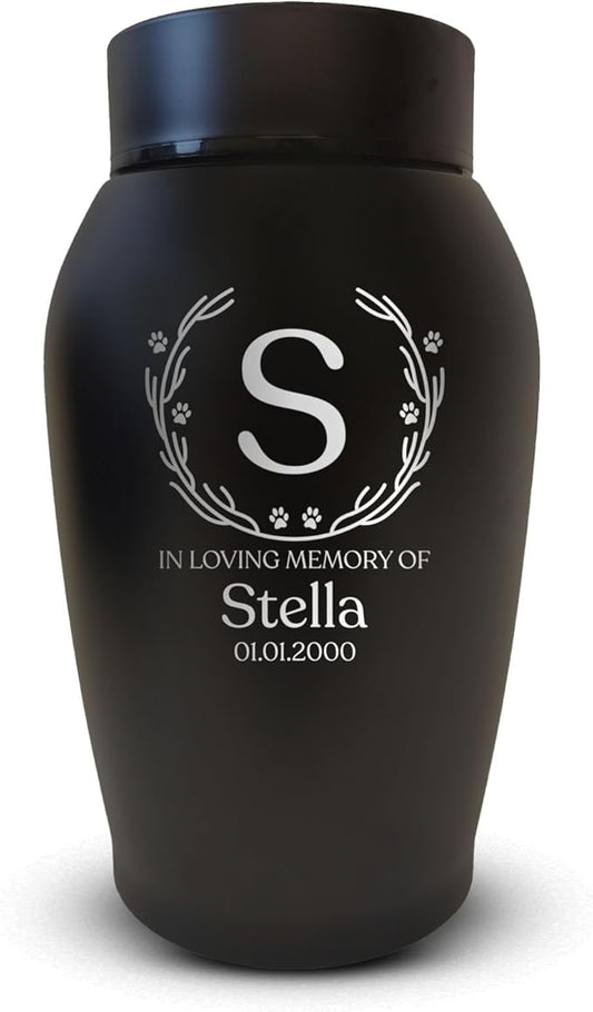Personalized Custom Small Keepsake Urn Engraved with Pet Name, Date, and Dog Design - 5.2" Black Powder Coated Steel Cremation Urn for Dogs Ashes | 12-16 lb Capacity, Wood Branch Border