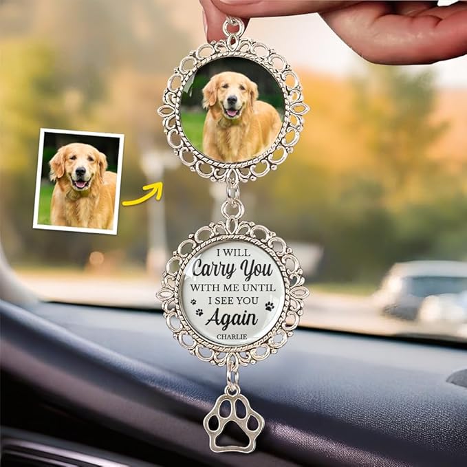 Custom Photo Forever in My Heart, Personalized Pet Memorial Car Hanging Ornament, Loss of Dog Sympathy Gift, Dog Passing Away Gifts, Remembrance Bereavement Keepsake for Loss of Pet