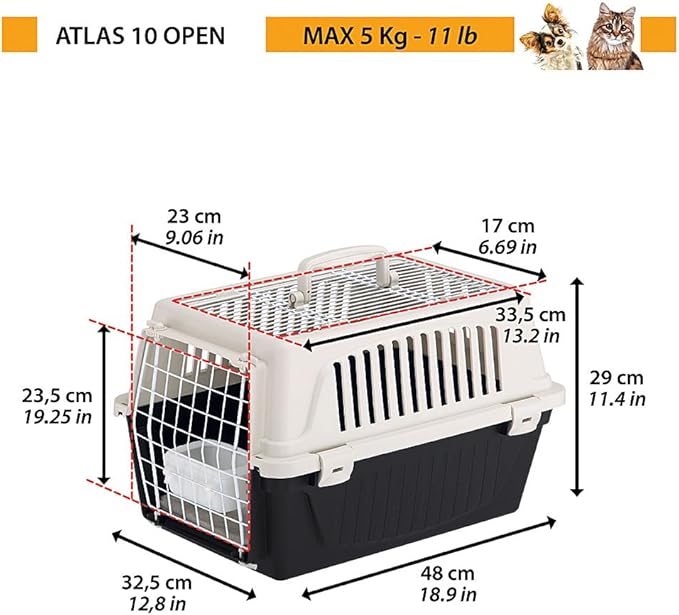 Ferplast Cat Carrier Small Dog Carrier, Double Opening, Secure, Practical, Easy to Clean, Durable Pet Travel Box up to 5 Kg, Includes Cushion, 48 x 32.5 x h 29 cm.