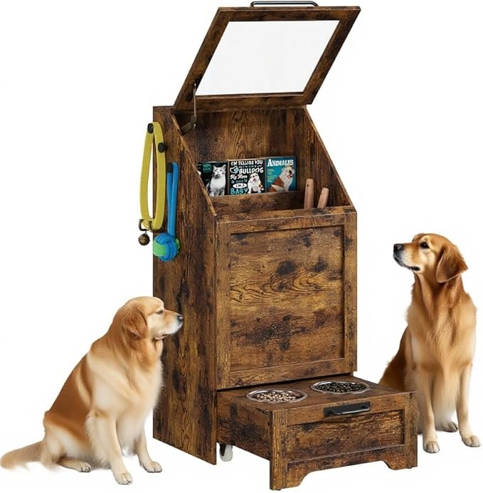 Dog Feeding Station, with Pet Feeding Station,Flip Top Dog Food Storage Cabinet, 2 Elevated Bowls, Includes 3 Hooks for Accessories – Space-Saving Design, Brown