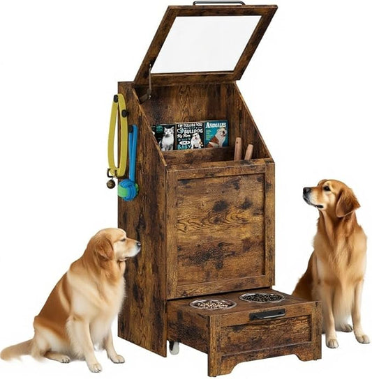 Dog Feeding Station, with Pet Feeding Station,Flip Top Dog Food Storage Cabinet, 2 Elevated Bowls, Includes 3 Hooks for Accessories – Space-Saving Design, Brown
