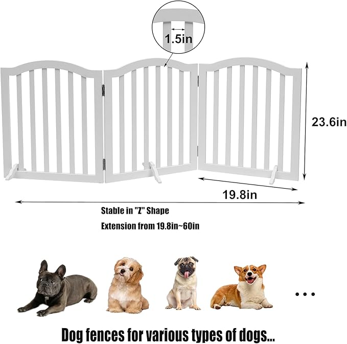 Foldable Wooden Dog Gate - 3-Panel Freestanding Pet Fence, 23.6 Inches, White - Suitable for Doorways & Stairs, Also Works as Baby Gate.