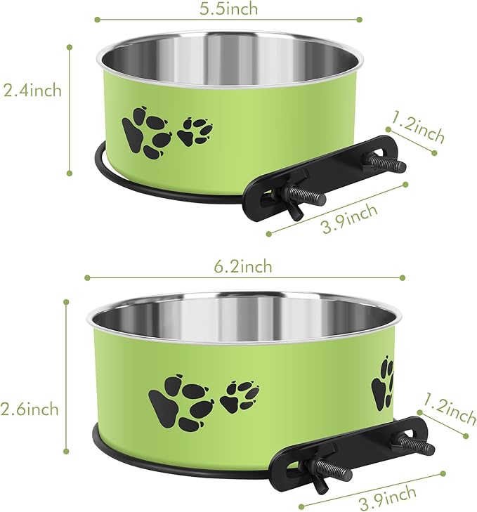 Dog Crate Bowls, ShineMe Stainless Steel Dog Kennel Bowls for Crates, Spill Proof Dogs Dishes That Attach to Crate Kennel Cage for Small Medium Size Dogs Cats, Set of 2, Green (6.2x2.6” & 5.5x2.4”)