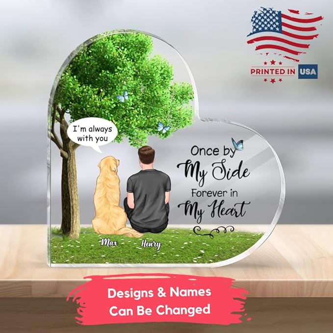 Gossby Personalized Heart-shaped Dog Memorial Acrylic Plaque - Custom Dog Remembrance Gift For Dog Dad With Design, Names - Dog Memorial Gift For Men Dog Lover - Forever In My Heart - Man And 1 Dog
