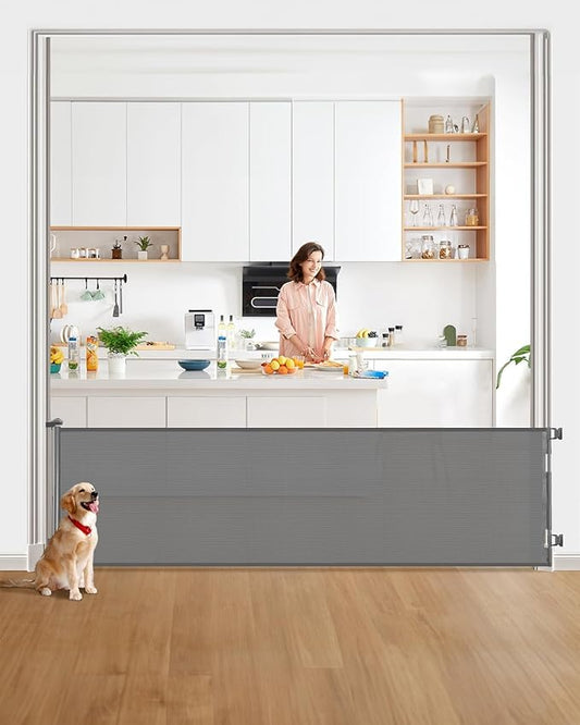 Retractable Baby Gate for Stairs – 33” Height, Expands up to 118” Width – Safety Gate for Infants, Toddlers, Dogs & Pets – Easy Install, Secure Closure, Gray Mesh Design for Indoor & Outdoor Use