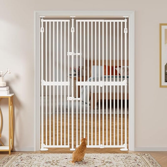 unipaws 75" High Extra Tall Cat Gate, Auto Closing and No Drilling Safety Gate for Doorway Hallway Stairs, Cat Dog Proof, Fit for 35"-51" Wide Opening, Indoor Use, White