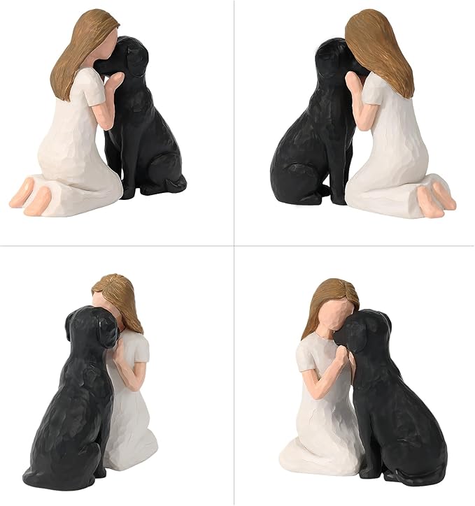 Pet Memorial Figurine for Dog Lovers, Hand-Painted Black Dog Statue, Girl and Pet Keepsake, Friendship Remembrance Gift, Sympathy Memorial for Loss of Beloved Pet（Black）