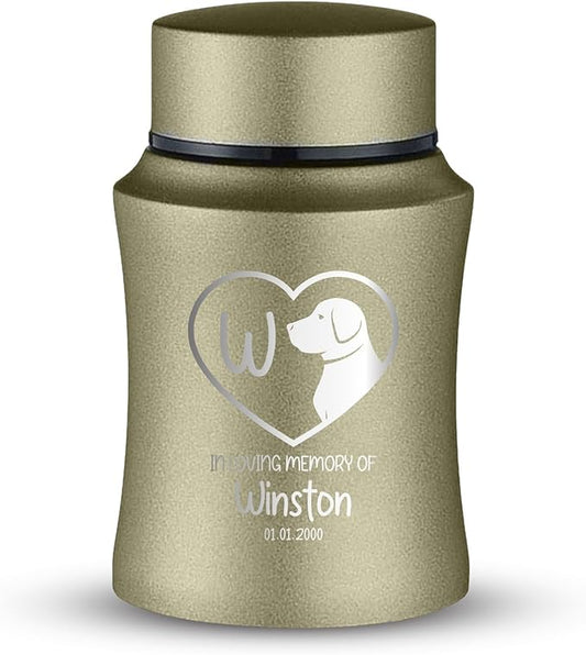 Customized Small Keepsake Urn Personalized Engraved with Pet Name, Date, and Dog Design - 4" Powder Coated Cremation Mini Compact Urn for Dogs Ashes | 5–10 Lbs Capacity | Washed Gold, Initial in Heart