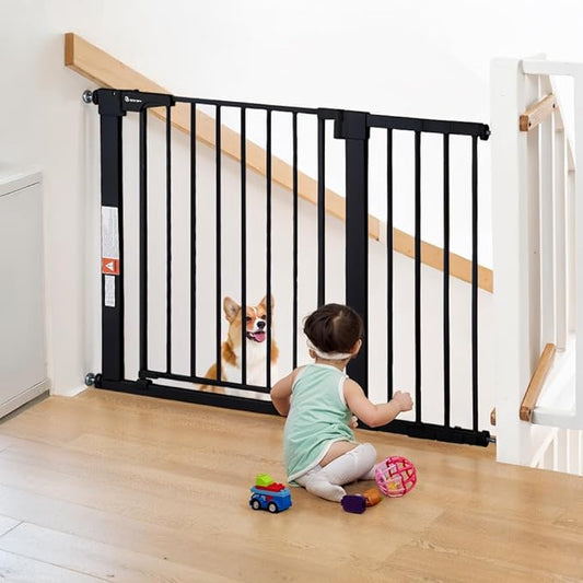 COMOMY 29.5-43.3" Safety Baby Gate Extra Wide, Auto Close Dog Gate for House Doorways Stairs, Pressure Mounted Easy Walk Through Pet Gate Child Gate, Includes 2.75" and 8.25" Extension, Black
