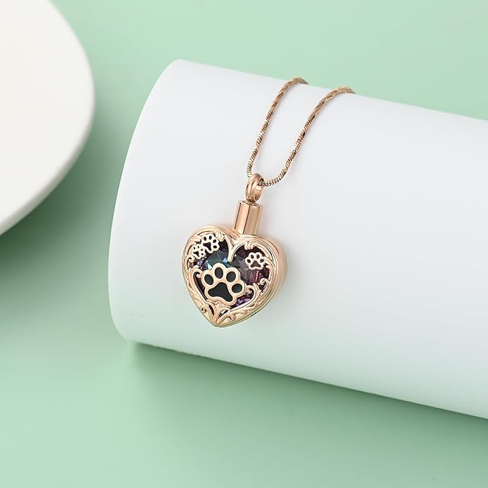 Heart Urn Necklace For Ashes Birthstone Pet Memorial Jewelry Dog Paw Print Cremation Pendant Stainless Steel Keepsake Gift For Pet Lovers