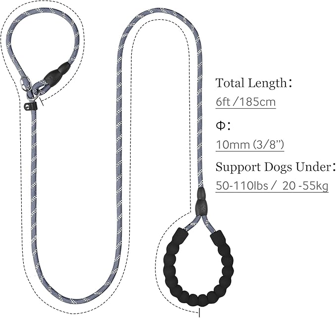 TagME Slip Leads for Dogs that Pull, 6 FT No-Pull Training Leash with Lock, Escape-Proof Design, Reflective & Padded Handle for Medium Dogs, Gray