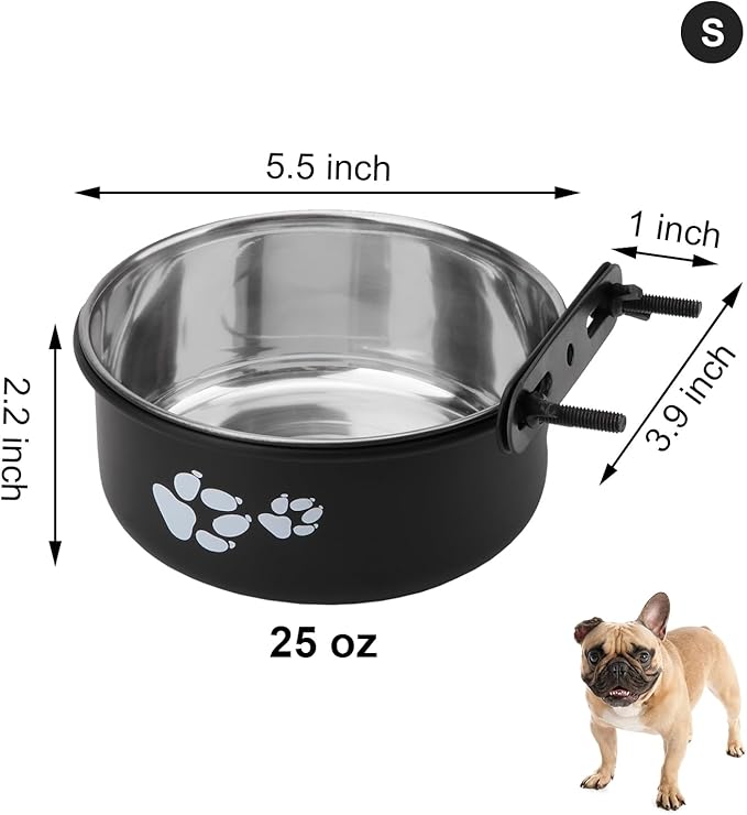 Dog Bowl Kennel Water Bowl Hanging Stainless Steel Pet Food Water Bowl Cage Feeding Cup Feeder for Medium and Small Dogs Cats (Black, Small 5.5")