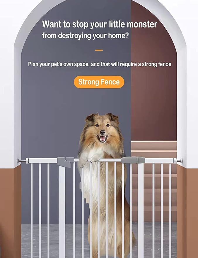 Adjustable Baby Gates for Doorways Stairs and House, Auto Close Safty Gates, Extra Tall and Wide Child Gate, Tall White Pet Gate, Metal Baby Gate Dog Gate, Pressure Mount.