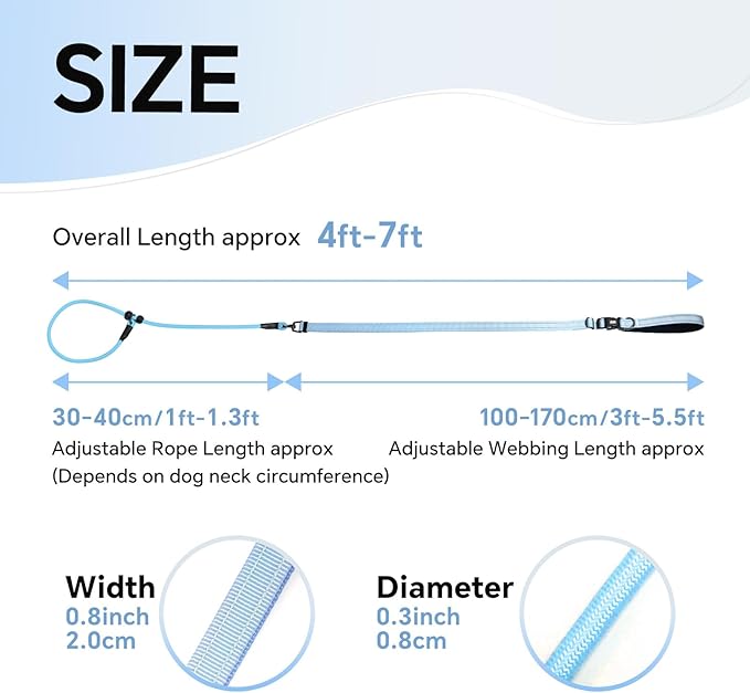 QQPETS Adjustable Slip Lead Dog Leash, Hands Free Waist Leash for Dog Walking, Reflective Training Lead with 360° Swivel Anti-Tangle, 4-7 ft Length for All Breeds